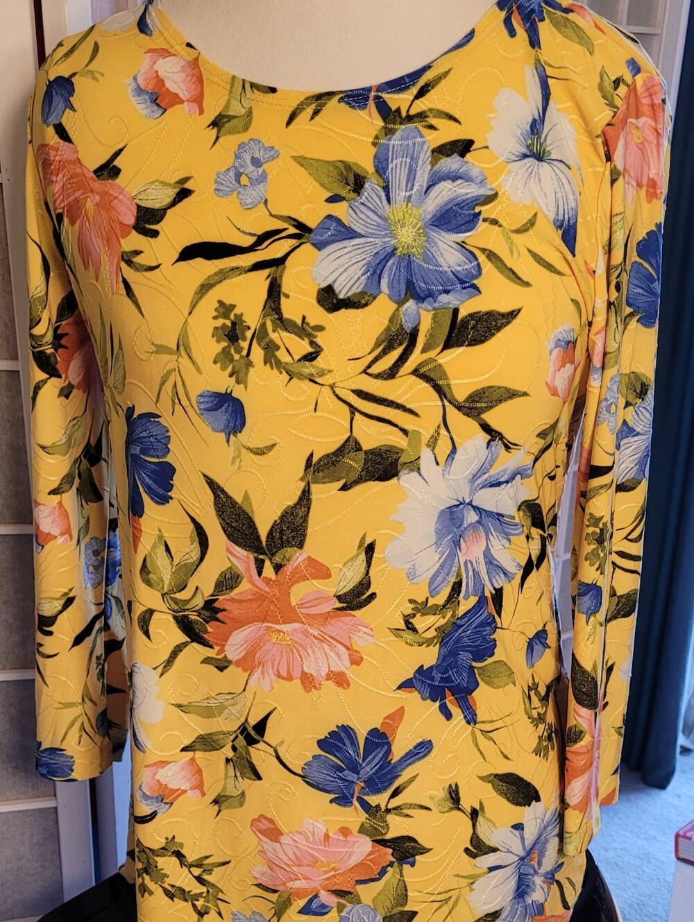 Yellow Floral Long Sleeve Top with Blue & Pink Blooms, M